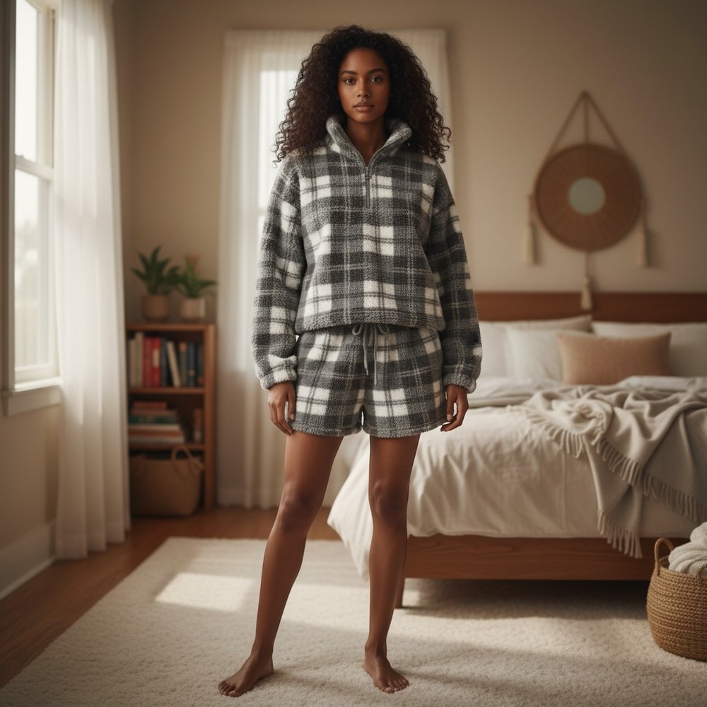 Lazy Sunday Grey Plaid Sherpa Fleece Quarter Zip Pullover and Shorts Set 20563J